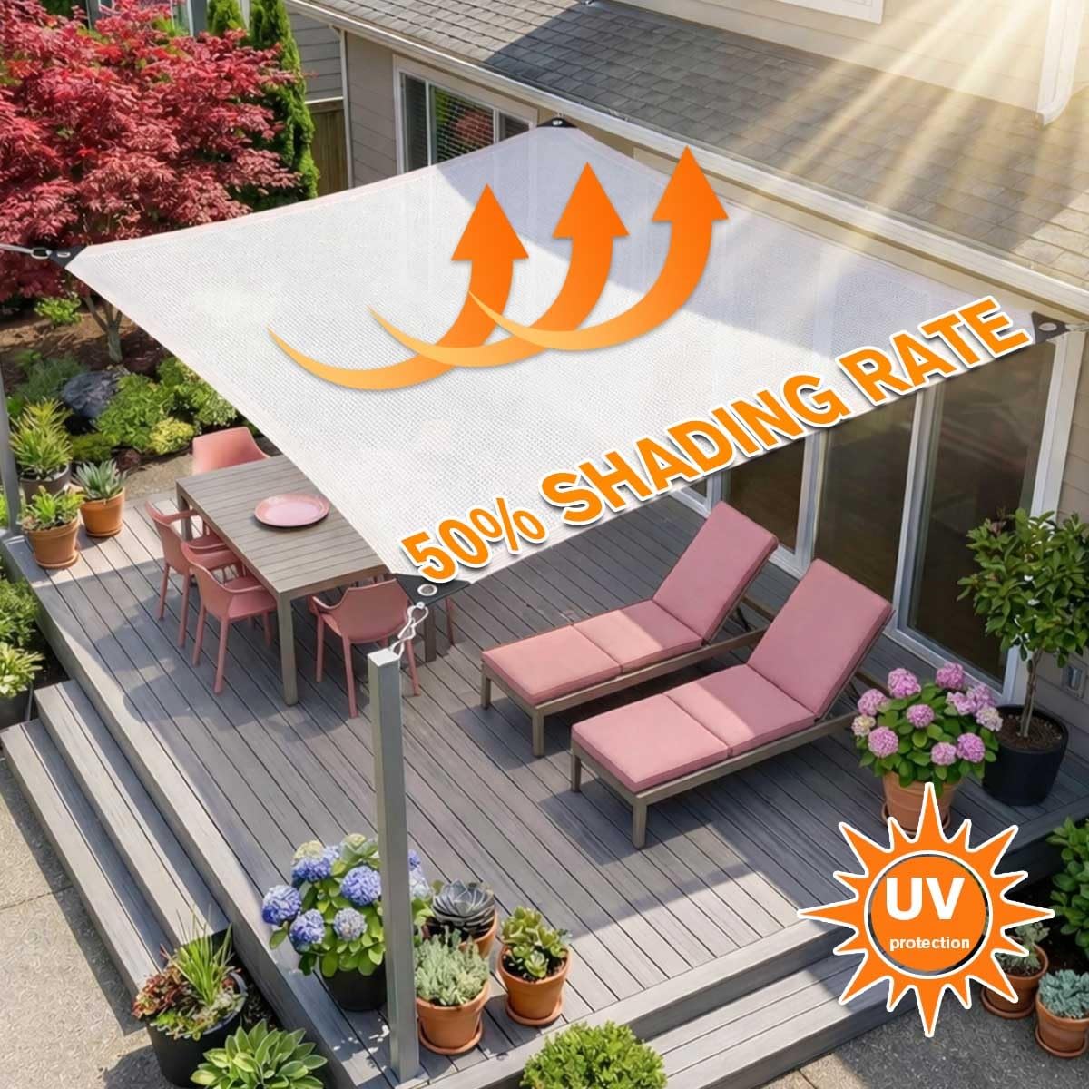 Oddychający biały 50% ochrona przed promieniowaniem UV, ogród, słońce i żagiel, odporny na warunki atmosferyczne, siatkowy baldachim z oczkami, do patio, balkonu, basenu, podwórka, tunelu foliowego (4