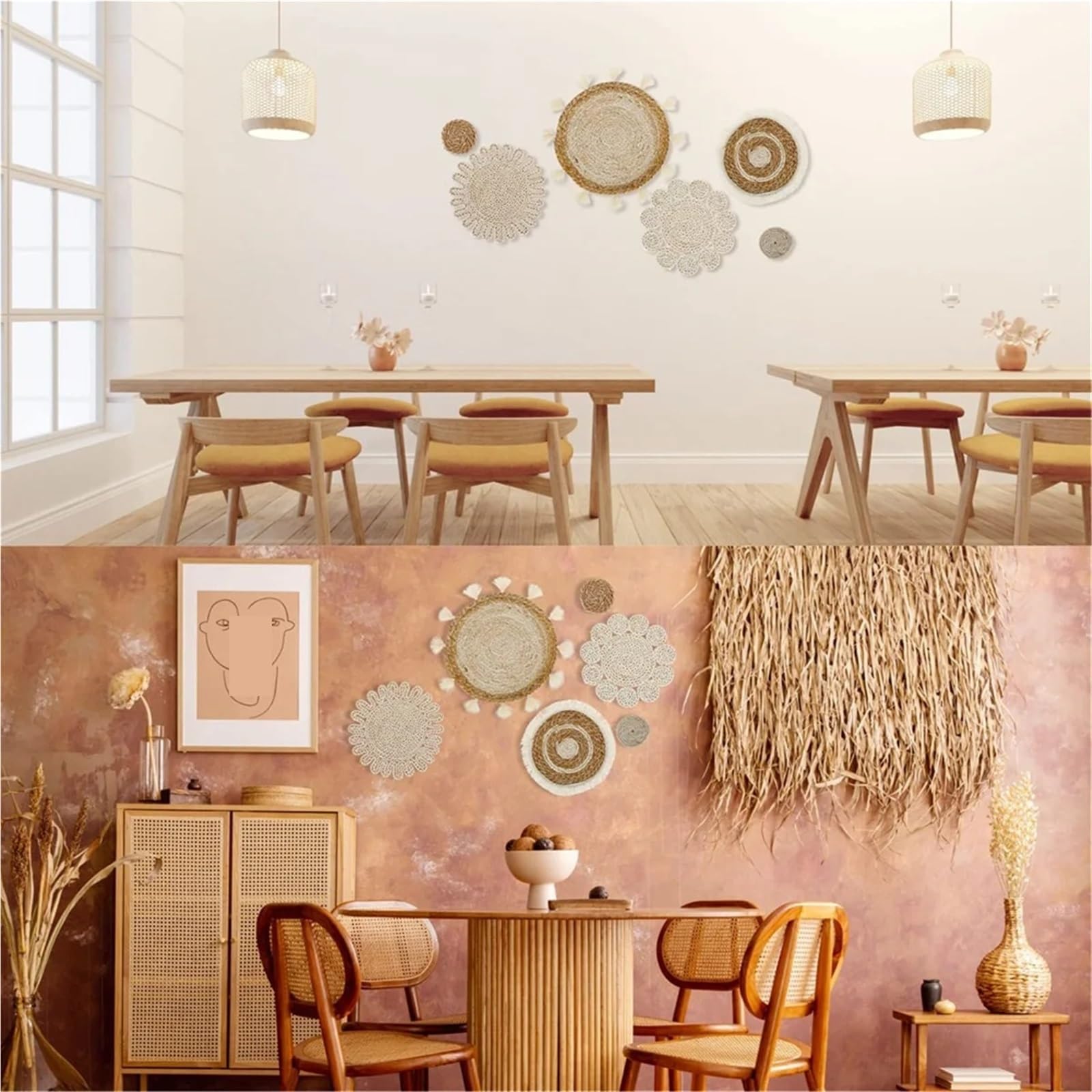 Cesta de pared de ratán Juego De Decoración Cestas For Pared, Planas Mimbre Tejidas, Colgante, Flores Hechas A Mano Con Borlas, 6 Uds