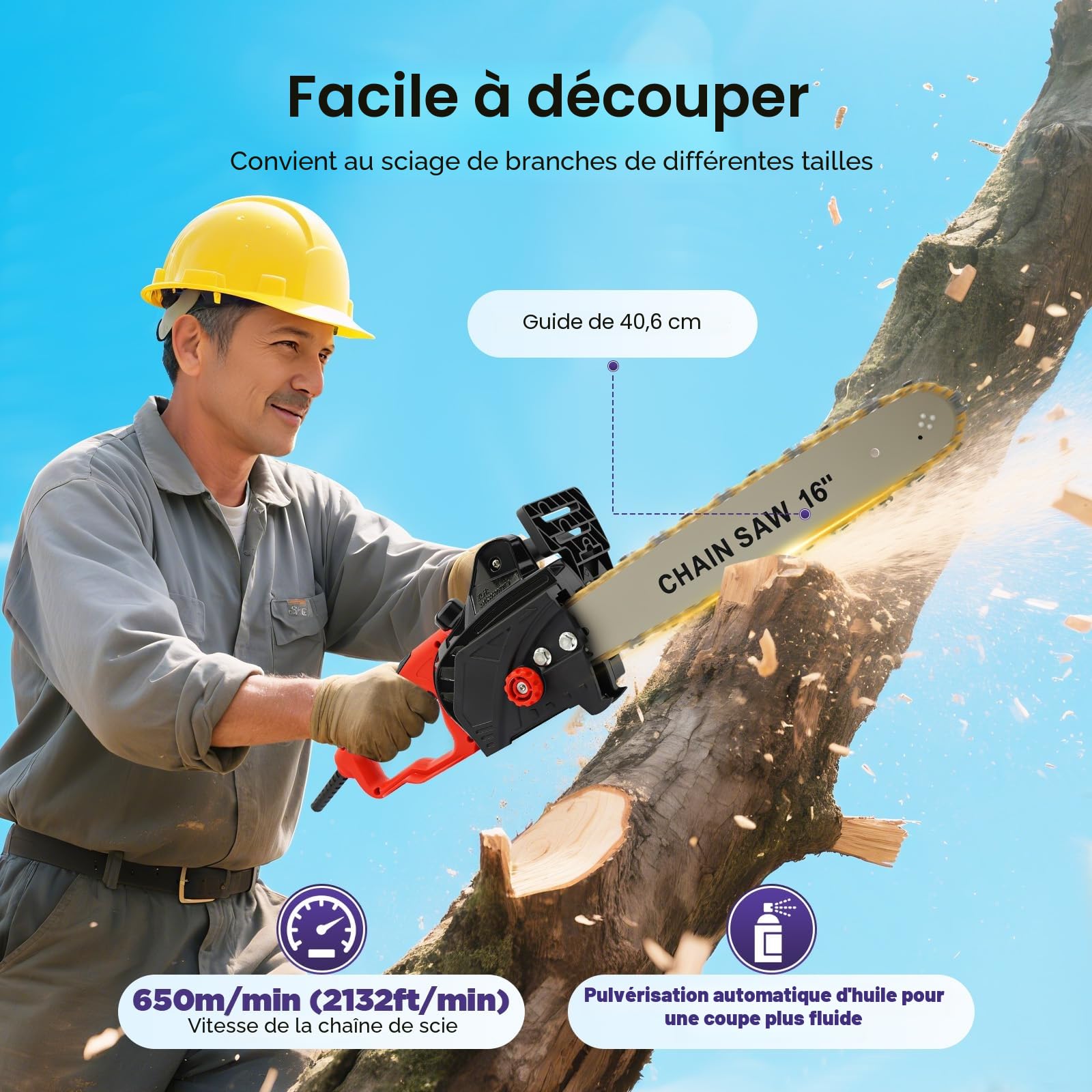 Tronçonneuse électrique 2000W 16 pouces, tronçonneuse filaire avec moteur en cuivre complet 800 tr/min, tronçonneuse à bois électrique à lubrification automatique pour le bois de chauffage et le