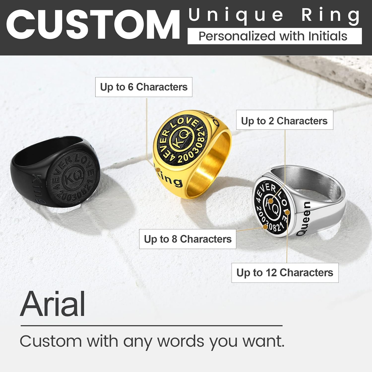 KeyStyle Stainless Steel Signet Rings Personalized for Men, Womens Custom Engraved Round Pinky Ring, Cool Ring Biker Rings Peronalised Gifts for Father Husband Mother (Size 7-13)