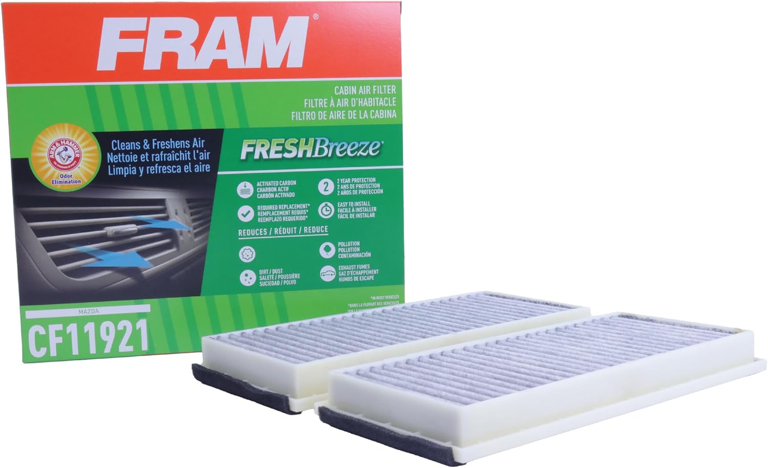 FRAM Fresh Breeze Cabin Air Filter Replacement for Car Passenger Compartment w/ Arm and Hammer Baking Soda, Easy Install, CF11921 for Select Mazda Vehicles