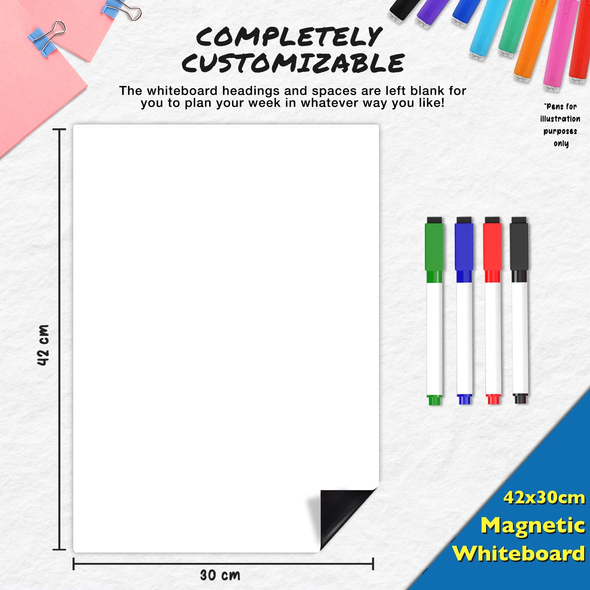 Magnetic Blank Fridge Whiteboard: 42x30cm with 4 Colourful Erasable Pens - Image 3