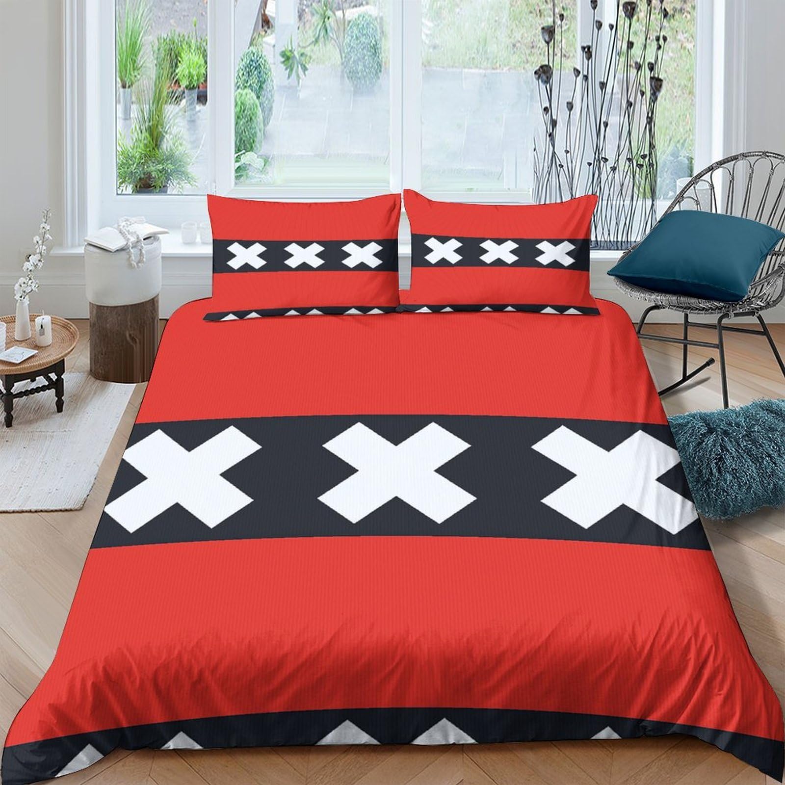 GPLZQXKJNH 3D Printed Amsterdam City Flag Duvet Cover Microfiber Red Black White Bedding Set with 2 Pillowcases for Bedroom Decor Single（135x200cm）