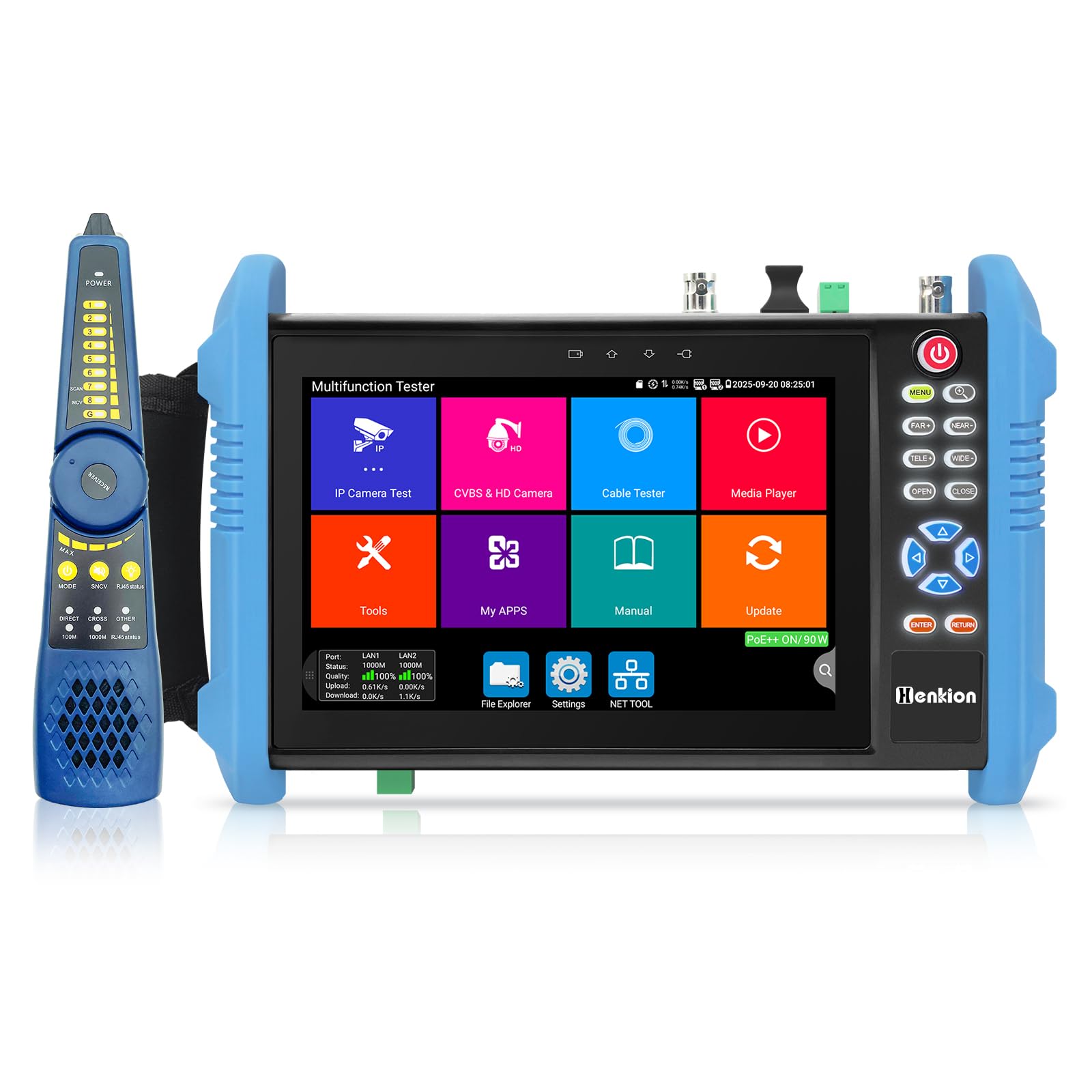 Henkion CCTV Kamera Tester, 8K 32MP 4K 12MP IP Kameratester mit POE++ 90W, 7" IPS Touchscreen Kabel Tester Netzwerk Tools Unterstützung 1CH SFP Schnittstelle IPC Tester IPC-9800CPro mit Kabelverfolger