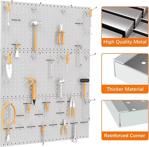 Miniatura 5 de TORACK 3 piezas de paneles de tablero de clavijas de metal (30x61 cm) para almacenamiento de herramientas de garaje en pared, tablero de clavijas