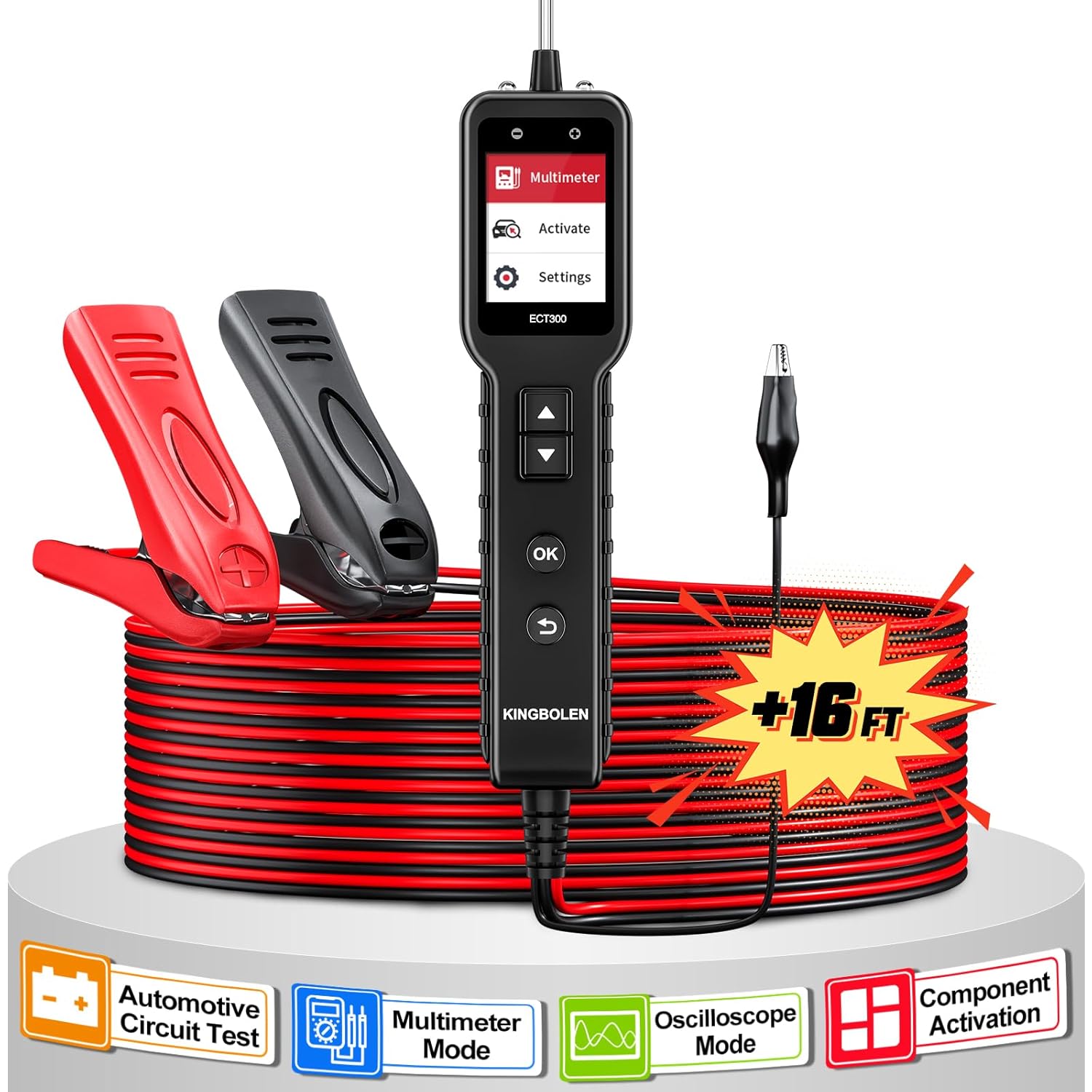 KINGBOLEN ECT300 Automotive Electrical Circuit Tester, 6-32V Car Voltage Test Power Tester,Component Activation, Oscilloscope Display, Measure Voltage Current Resistance Continuity Diode, 16FT Cable