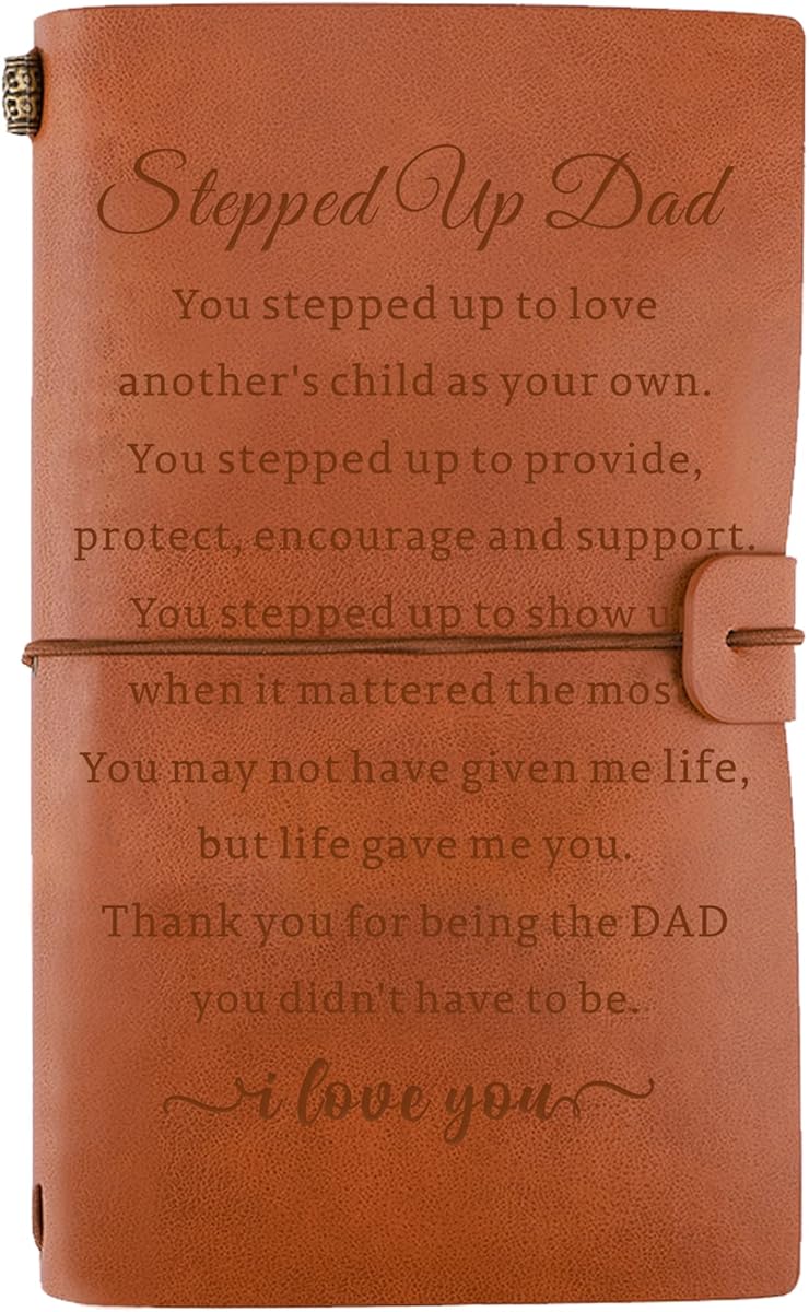 JOYKWE Engraved Leather Journal Gift for Stepped up Dad from Stepdaughter Son, Bonus Dad Gifts Ideas, Father's Day Birthday Christmas Gift for Stepfather, Travel Journal Diary Sketch Book : Office Products