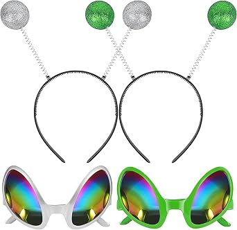 2 Pairs Alien Headband and Glasses, Alien Antenna Headband for Adult Women Space Theme Costume for Halloween Dress Up