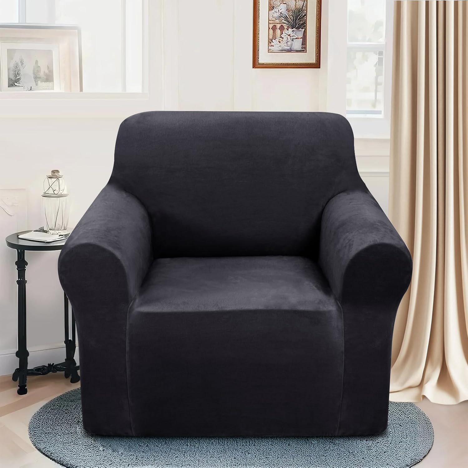 U-NICE HOME Velvet Chair Sofa Covers Stretch Couch Cover Furniture Protector Sofa Slipcover for Dogs (Chair, Dark Grey)