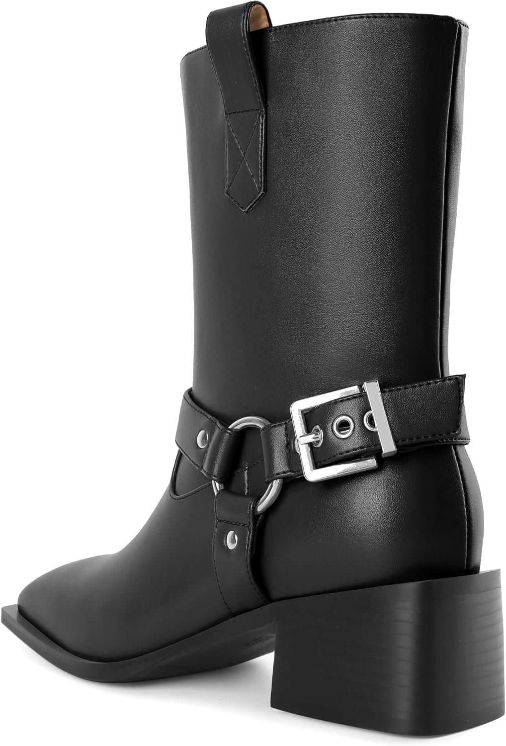 Joseywade Women's Ankle 2 Inch Low Heel Pull On Metal Buckles Strap Biker Riding Mid Calf Boots US Size 6-12