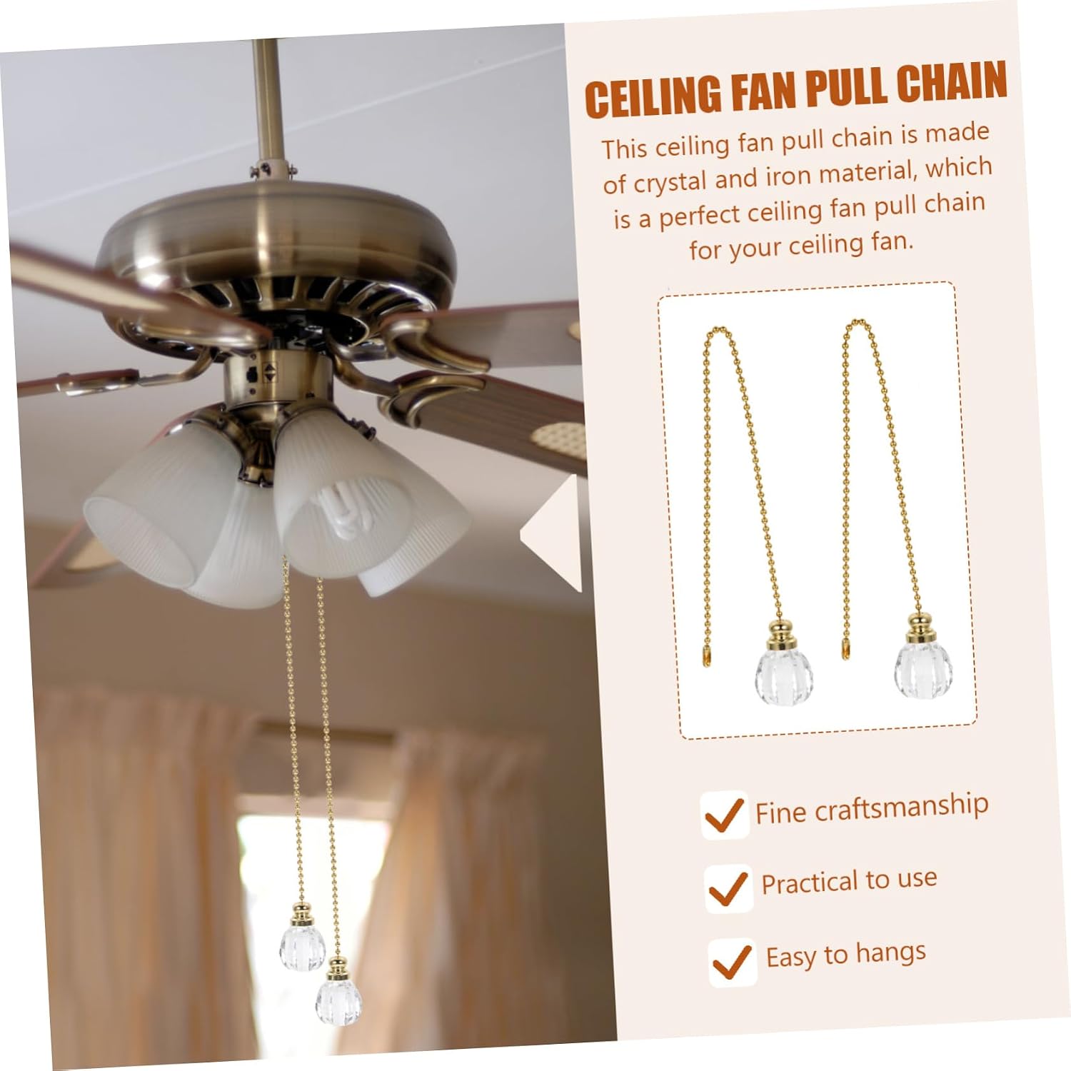 Gadpiparty Crystal Fan Pull Chains Ceiling Fan Pull Chain Sturdy Iron Crystal Design for High Ceiling