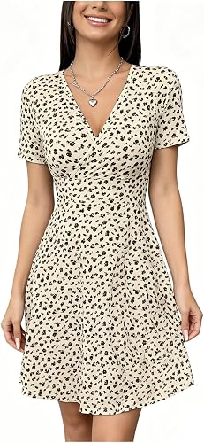 MakeMeChic Women's Wrap V Neck Short Sleeve High Waisted Mini Dress Apricot