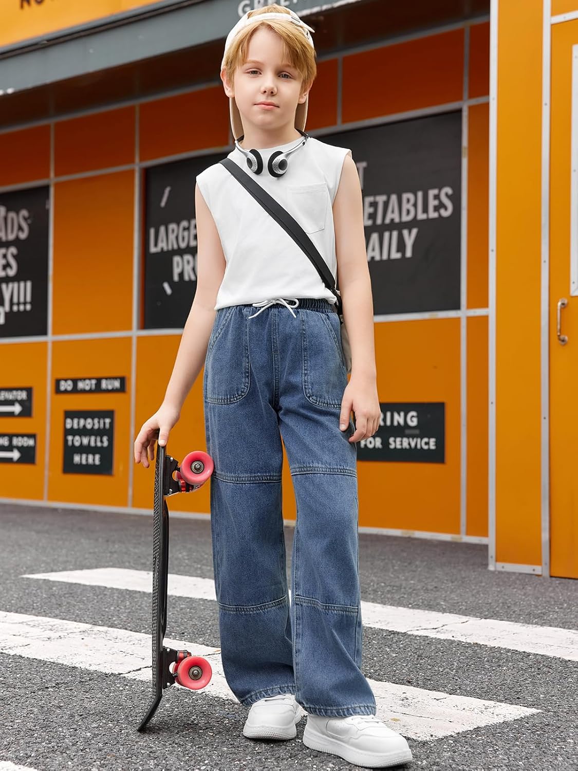 Haloumoning Boys Straight Leg Baggy Jeans Kids Elastic Waist Drawstring Wide Leg Denim Pants with Pockets 5-14 Years - Image 5