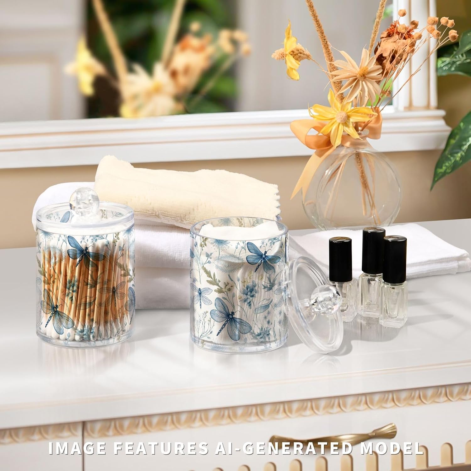 2-Pack Qtip Holder Dispenser with Lids, Blue Floral Dragonflies Plastic Storage Containers - Bathroom Canisters Organizer for Cotton Swab, Floss 21215128