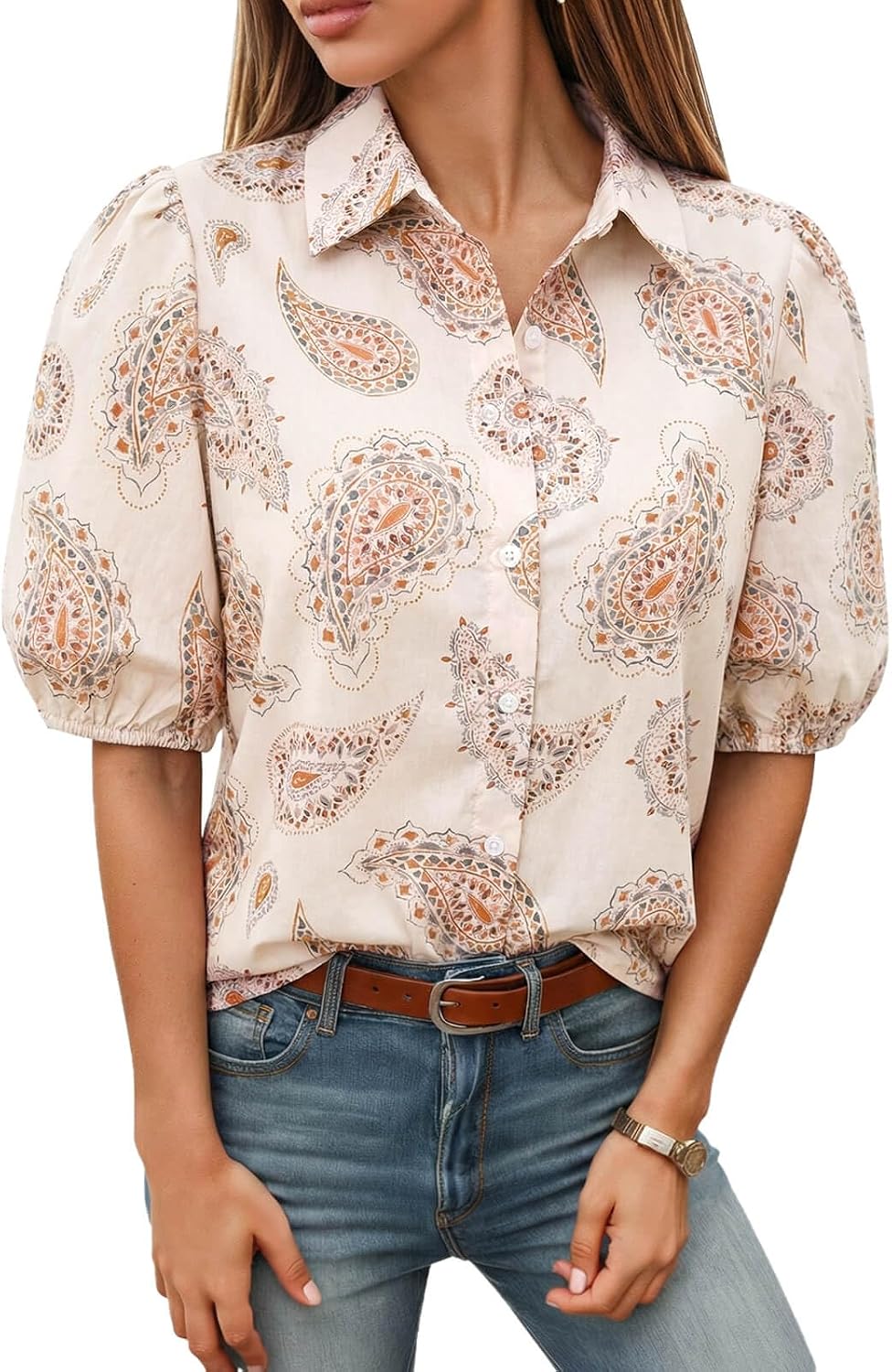 Tankaneo Women's Button Down Shirts Short Puff Sleeve Collared Dressy Casual Blouse Tops