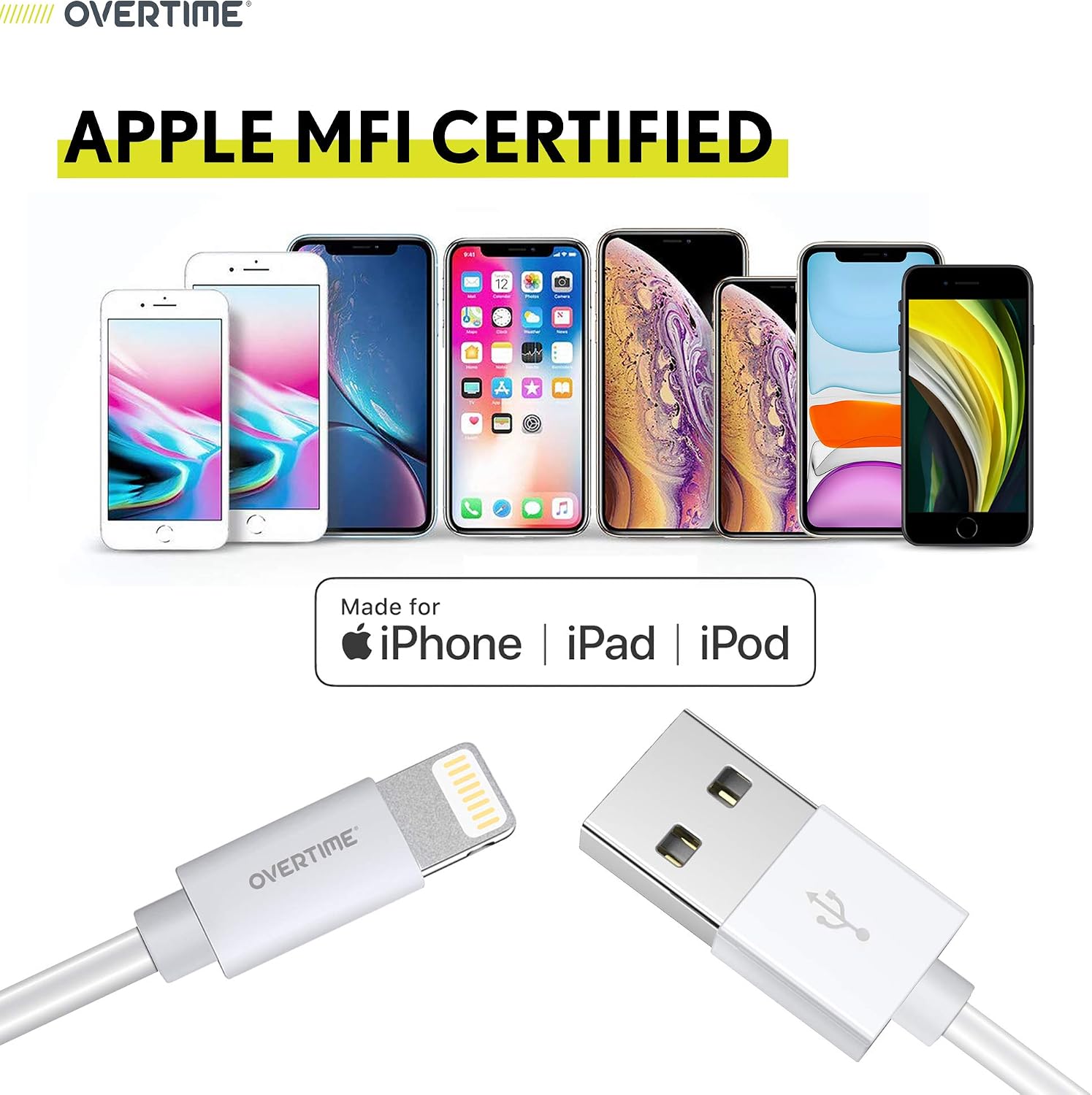overtime iPhone Charger Set, 2-Pack Apple MFi Certified Lightning Cables with 1 Dual USB Wall Adapter - 2.4 AMP Compatible w/iPhone 11 Pro Max XS XR X 8 7 6S 6 Plus SE iPad (Silver/White, 6ft)