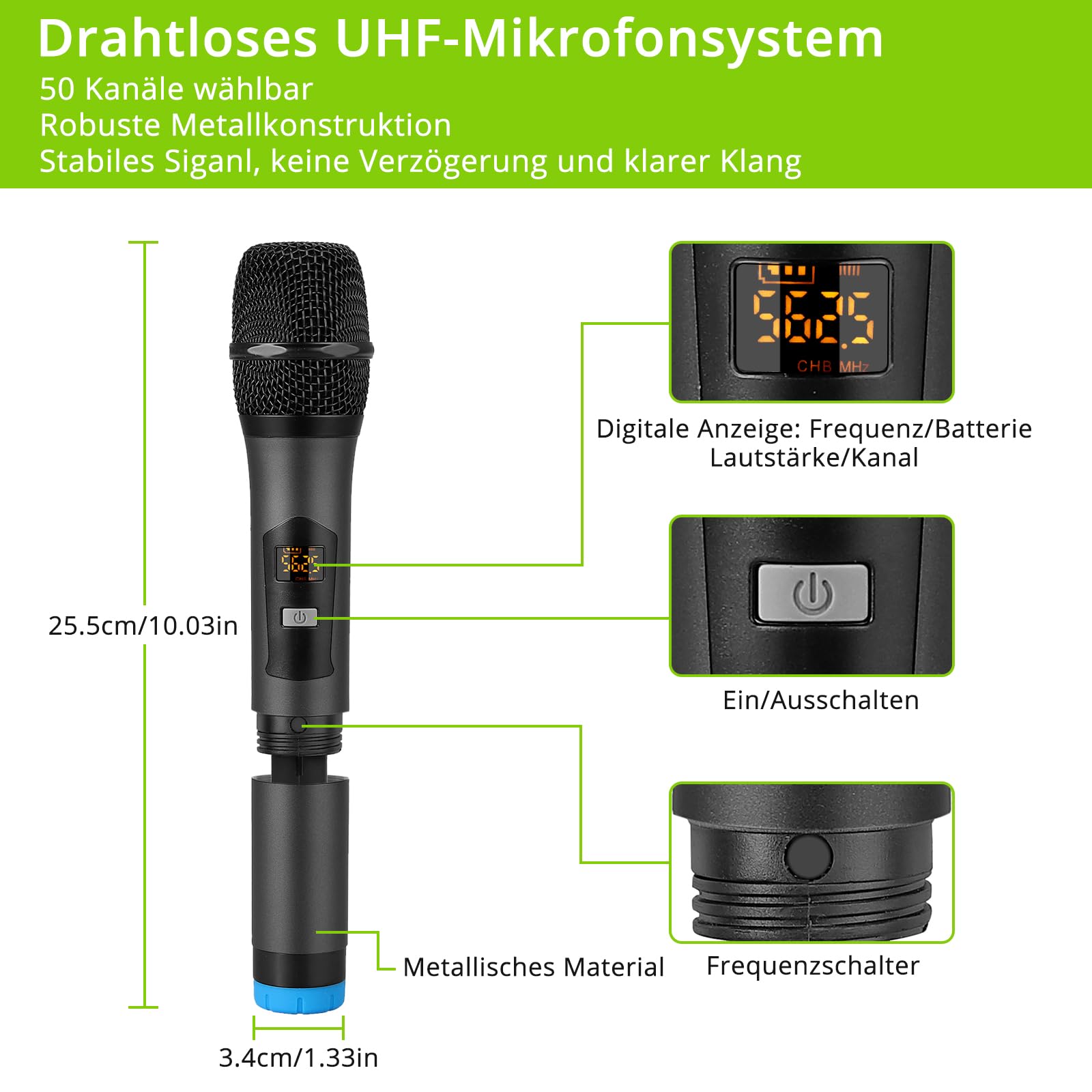 LiNKFOR 4 x UHF Mikrofon drahtloses UHF 4 Kanal Mikrofonsystem mit 4 drahtlosen Handmikrofonen, 50 * 4 Kanälen wählbare Frequenz, Echo, Bluetooth, AUX, ideal für DJ, Gesang, Kirche, Hochzeiten