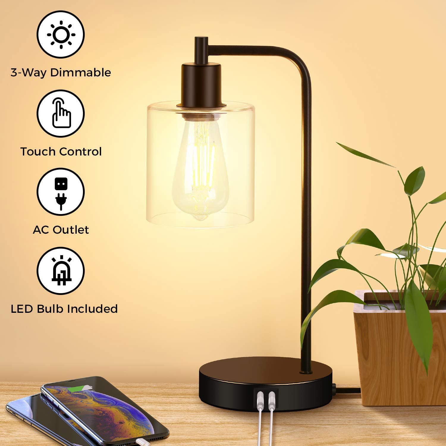 Table Lampada USB con Telefono Cellulare Ricarica Lampada da scrivania con sfumatura in Vetro lampade da Tavolo da comtore