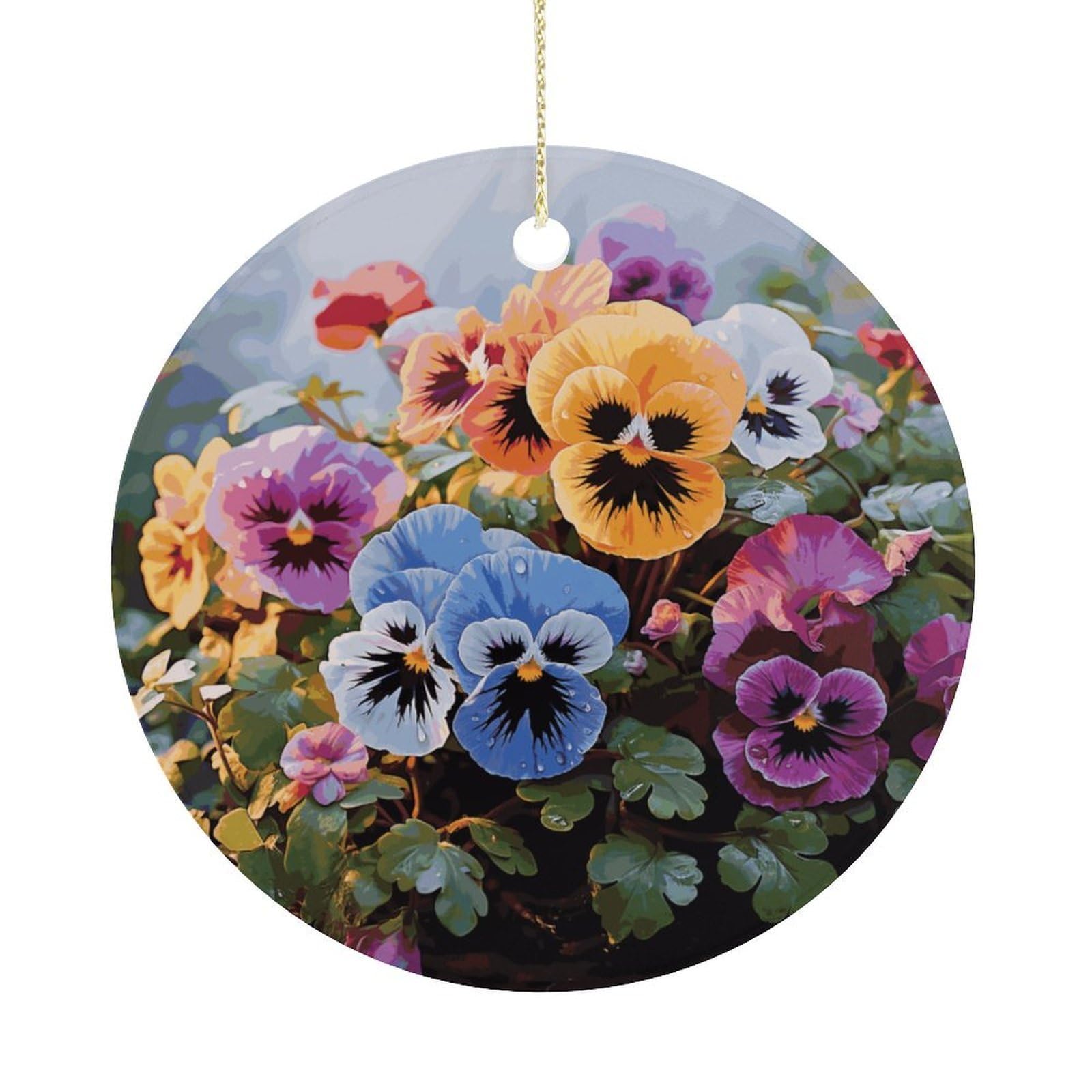 Pansy Flowers Christmas Ornaments Colorful Round Ceramic Ornament Christmas Hanging Decor Christmas Tree Decorations Xmas Keepsake for Women Men Xmas Holiday Party