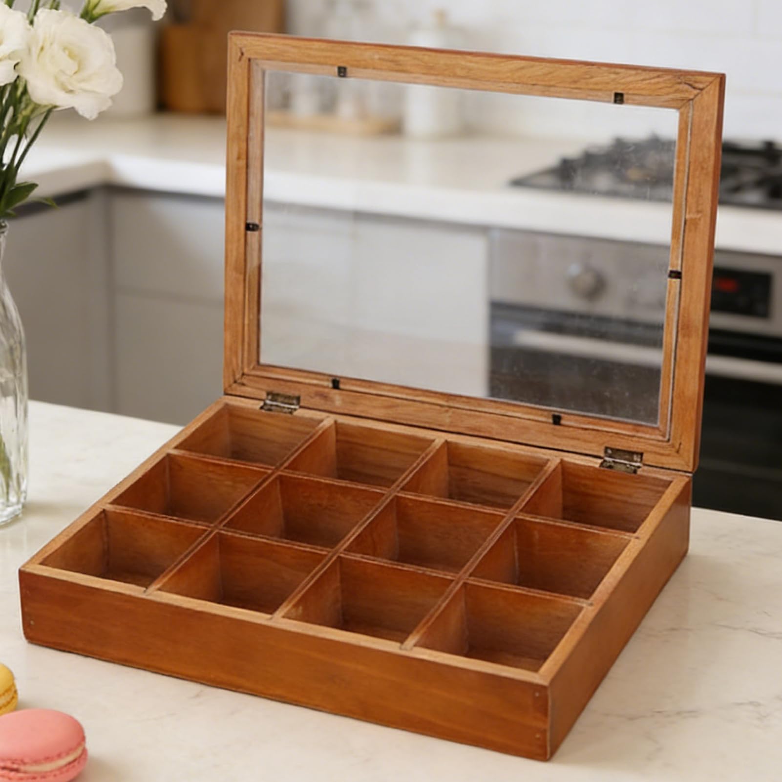 Organizador de Té Contenedor De Madera Con 12 Compartimentos | Almacenamiento de Té con Tapa Transparente Para Cocina, Despensa, Oficina o Cafetería