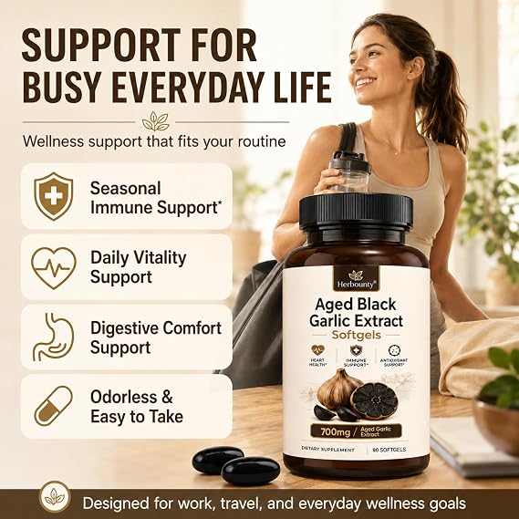 Odorless Fermented Aged Black Garlic Extract 700mg, 90 Softgels | Fermented Black Garlic Supplements, Immune Support, Boost Energy, Antioxidant, Non-GMO