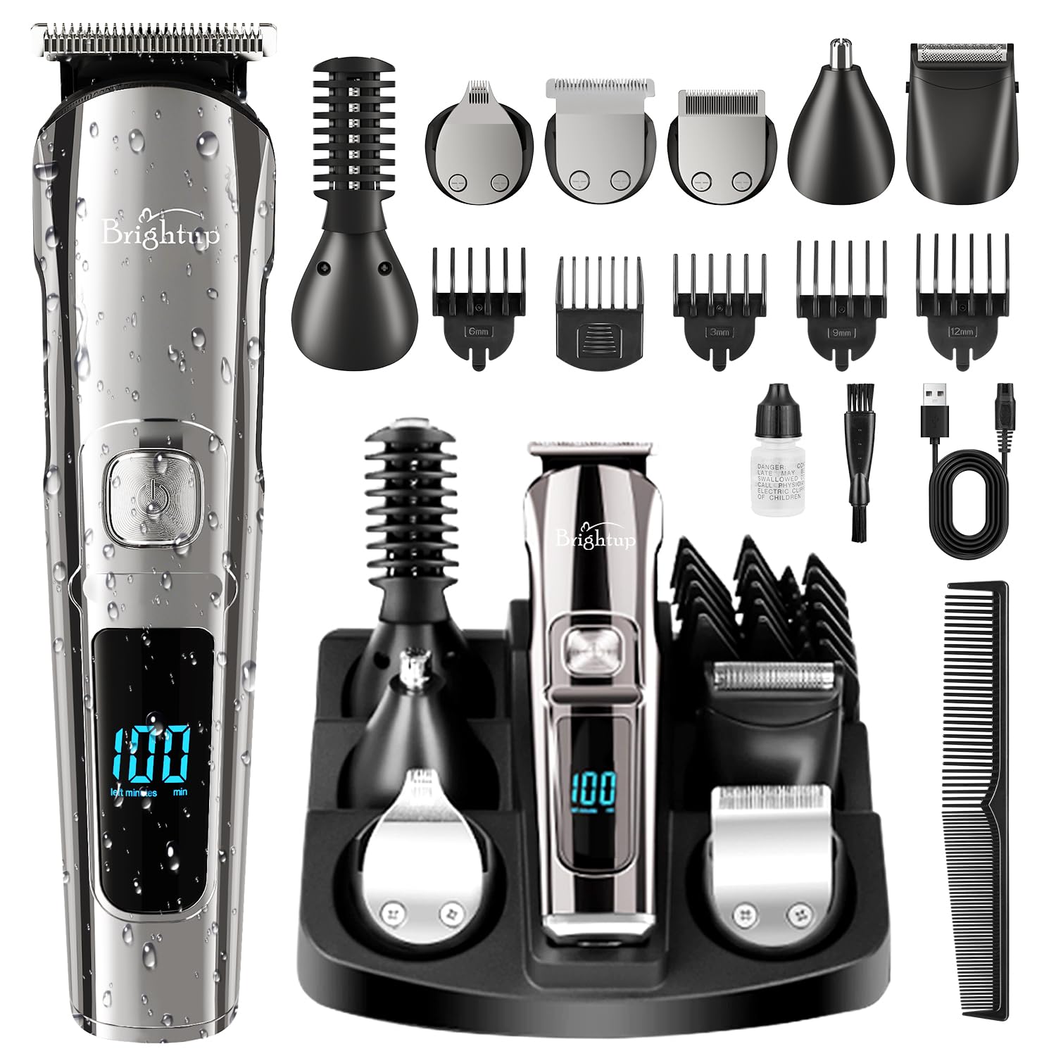 Brightup Beard Trimmer for Men, Cordless Hair Clippers Hair Trimmer, Waterproof Mustache Body Nose Ear Facial Cutting Shaver, Electric Razor All in 1 Grooming Kit, USB Rechargeable & LED Display