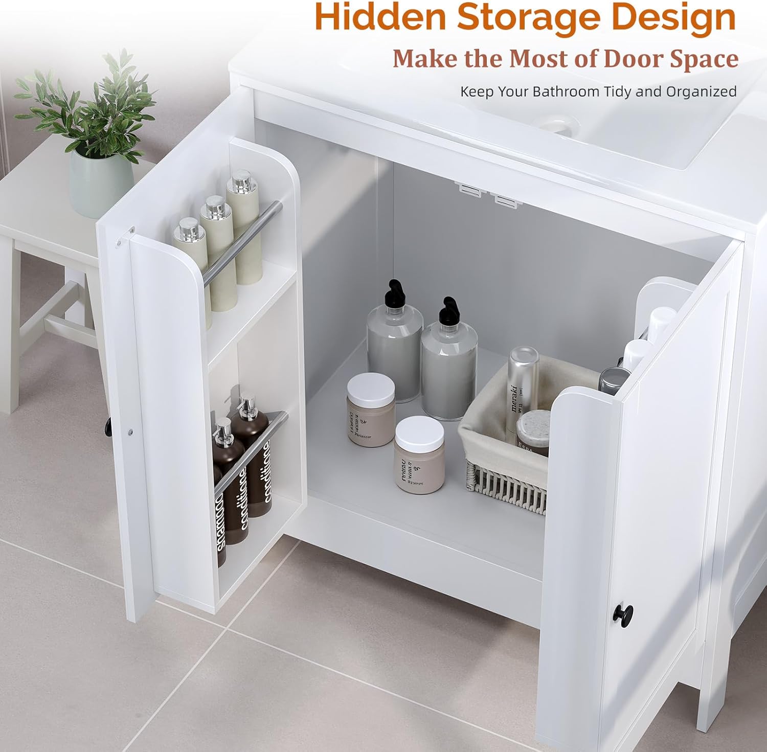 Image showing the hidden storage design of the vanity with open doors revealing shelves and organized items.
