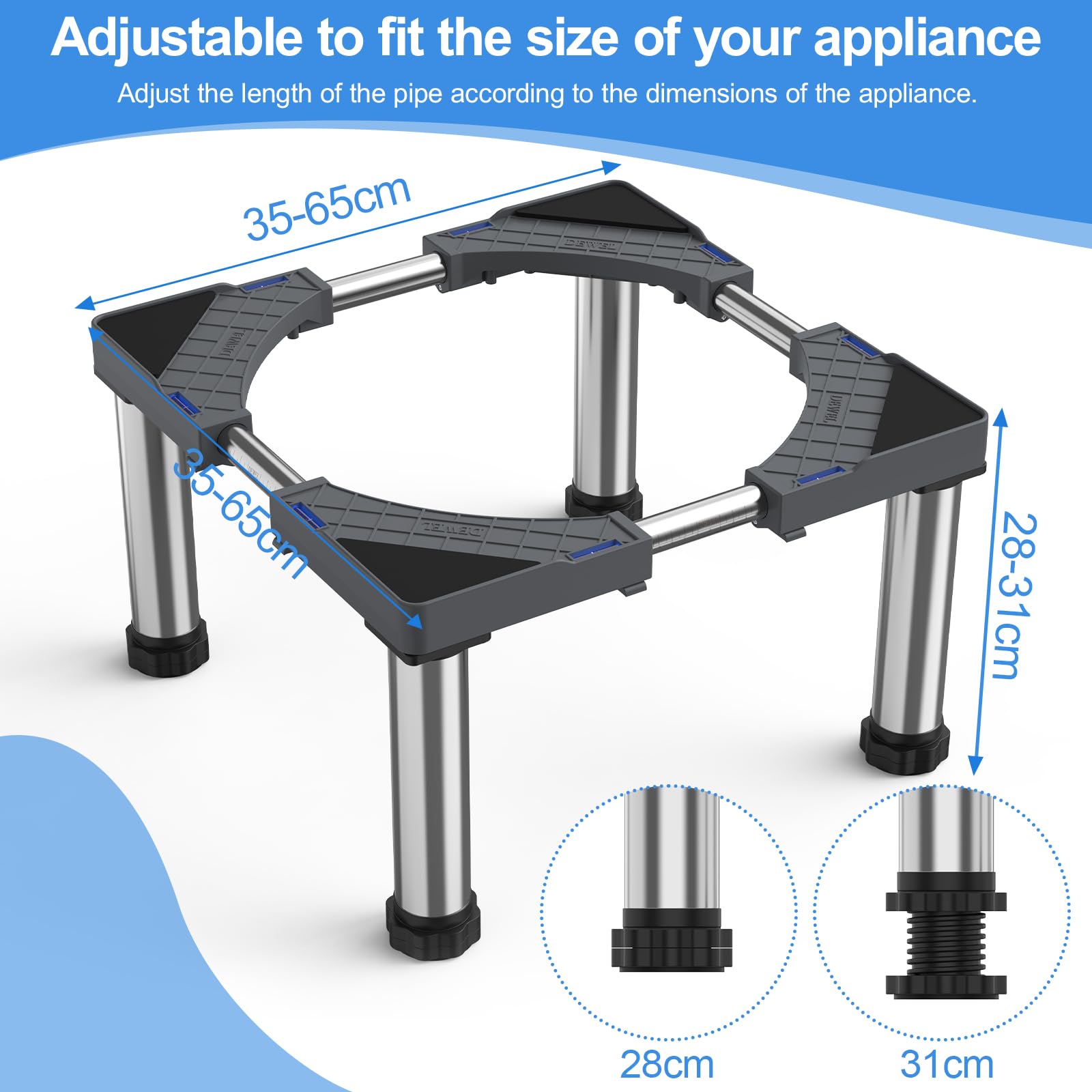 Base para Refrigerador Altura 28-31cm, Pedestal de Lavadora para Frigorífico, Secadora y Congelador con 4 Pies Fuertes, Largo/Ancho 43-66 cm, Gris