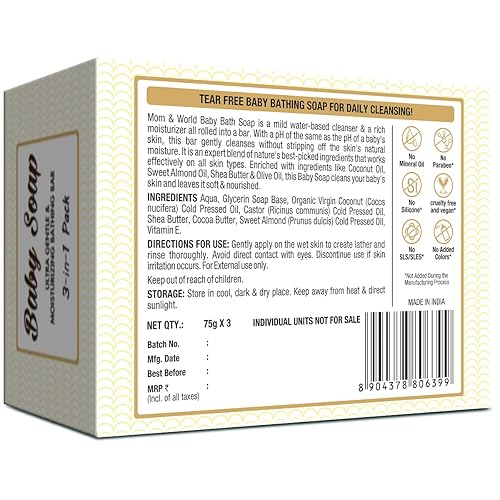 Miniatura 7 de Mom & World Jabón natural para bebés enriquecido con aceite de coco orgánico, aceite de almendras dulces, vitamina E, manteca de karité y cacao,