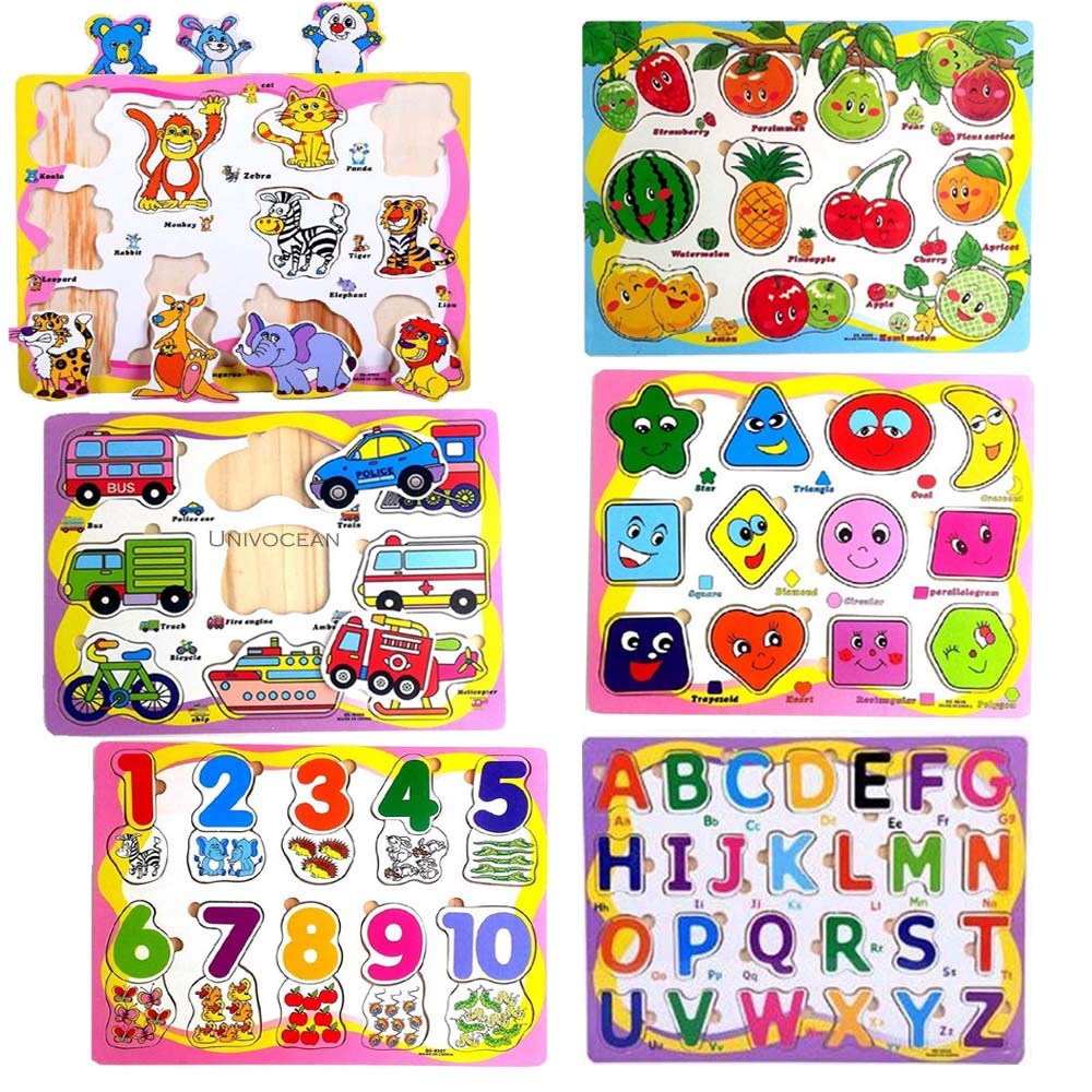 Univocean Wooden Educational Colorful Puzzle Board - Animals, Numbers, Alphabets, Geometric Shapes, Fruits & Vechiles - Pack of 6 (B08Y91KP2T) Amazon Price History, Amazon Price Tracker