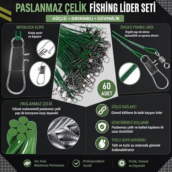 Valkyrie 60 Adet Çelik Fishing Leader Seti – Paslanmaz Çelik Olta Halatı Lider Teli 3 Boy Karışık