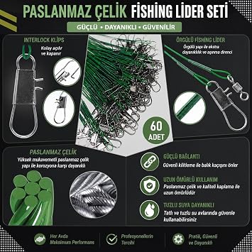 Valkyrie 60 Adet Çelik Fishing Leader Seti – Paslanmaz Çelik Olta Halatı Lider Teli 3 Boy Karışık