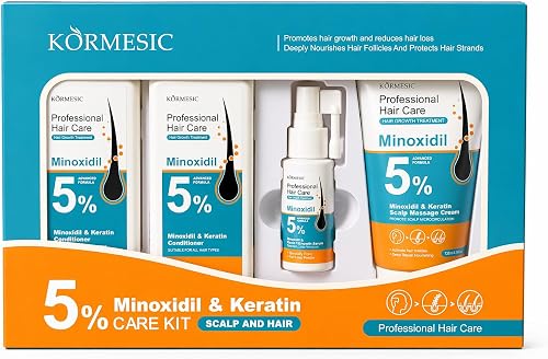 KORMESIC 5% Minoxidil & Keratin Scalp and Hair Care Kit, Shampoo, Conditioner, Serum & Massage Cream, 4-Step Hair Growth Treatment Set