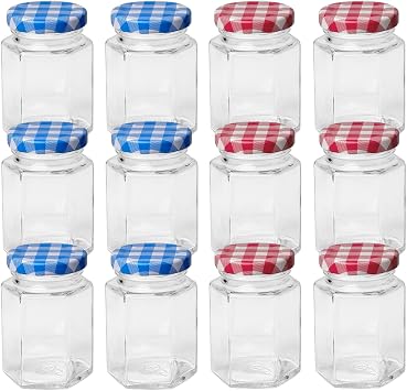 12 Pack 100ml 3.4oz Hexagonal Glass Jars with Airtight Lids for Canning, Food Storage, Spices, Honey, Jam, Pickling, DIY Craft Containers