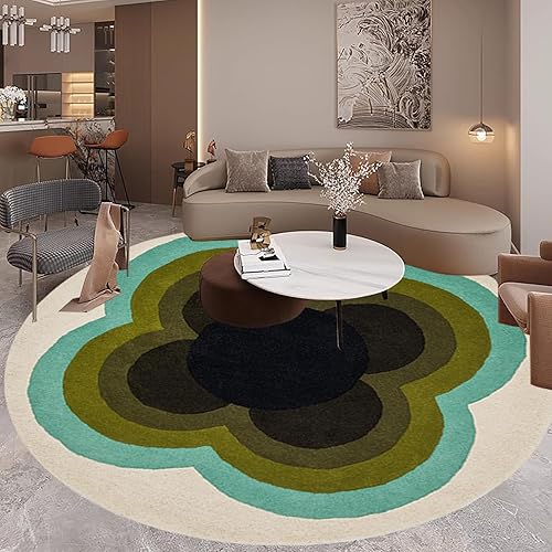 Olive Green Teal Beige Vintage Round Rugs for Bedroom Living Room Home Office Low Pile Carpet Retro 70s Gradient Four-Leaf Flower Accent Kitchen