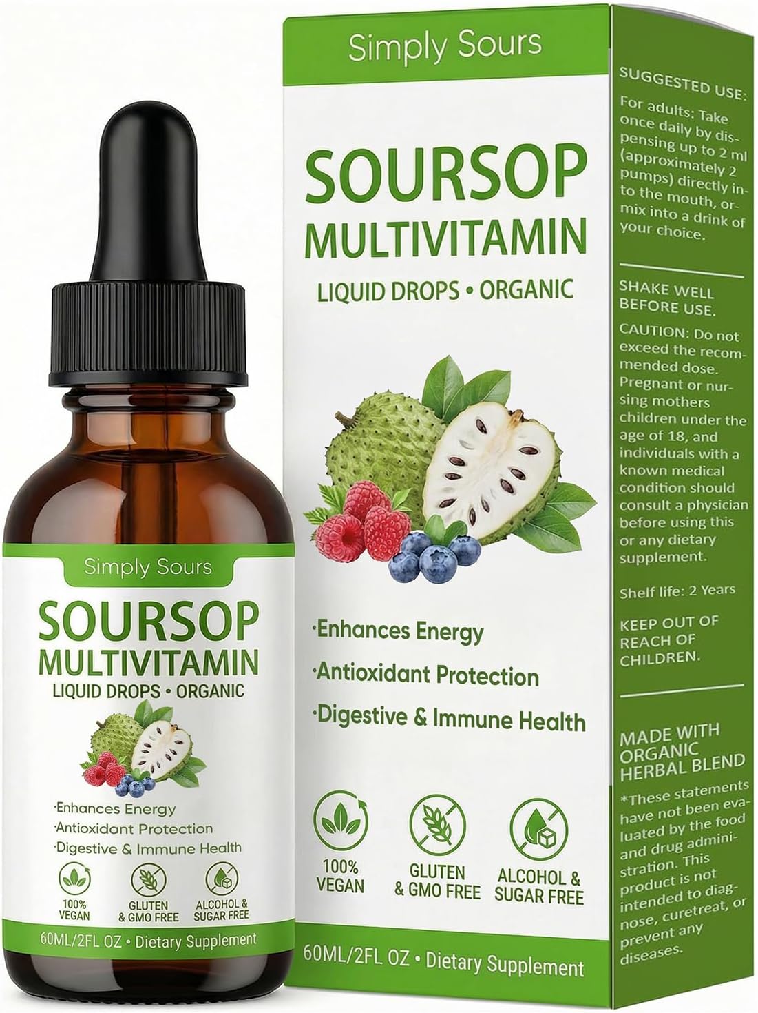 Simply Sours Soursop Extract, Graviola Soursop Bitters Liquid Drops Herbal Antioxidant Supplement for Immune Support & Digestive Health, Sugar & Gluten Free, Natural Flavor, 2 Fl Oz