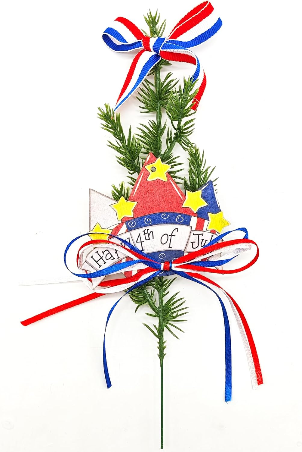 Independence Day Decorations,9.5'' Green Artificial Patriotic Pine Needle Branches With Red Blue White Happy 4th Of July Cards Bows Memorial Decor For Indoor/Outdoor Home Table Vase Wall Door Window