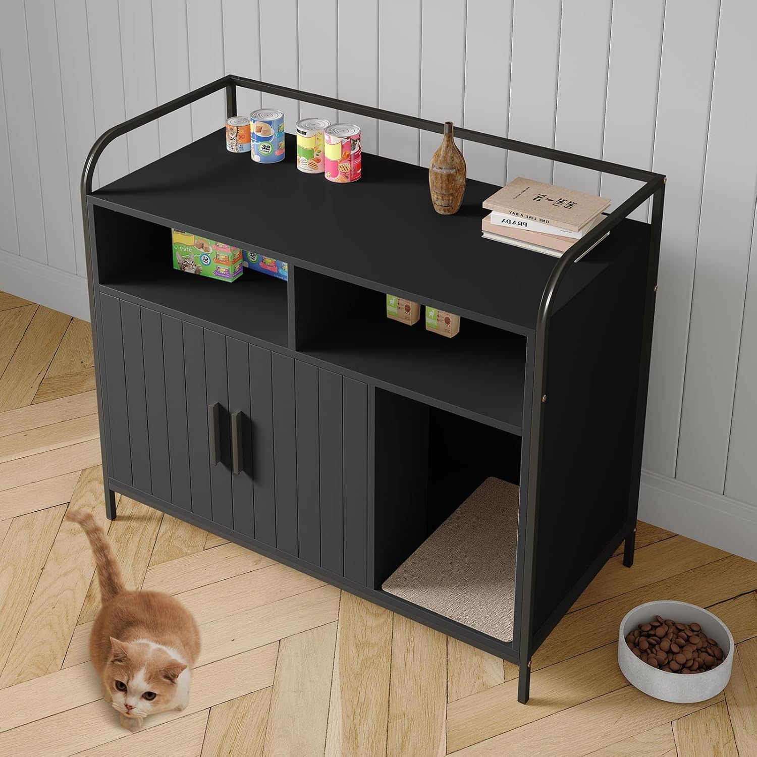 37.5 Inch Modern Wooden Litter Box Enclosure with Storage Rack, Multi-Functional Furniture-Style Litter Cabinet with Ventilation Hole/Side Entry, Fits Most Litter Boxes,for All Kinds of Cats