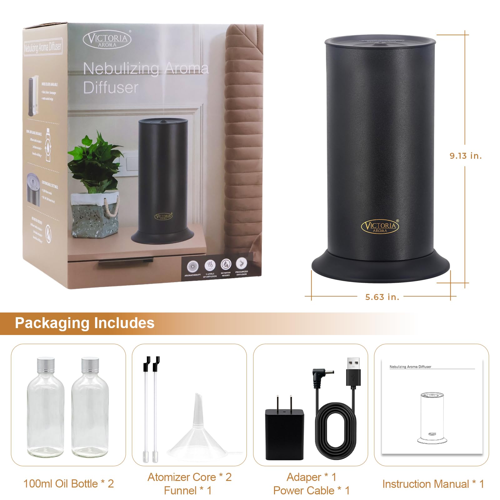 Victoria Aroma Diffuseur d'huiles essentielles sans eau (noir mat) | Machine à parfum d'air froid pour grandes pièces jusqu'à 1000 m², maison, bureau, hôtel, spa