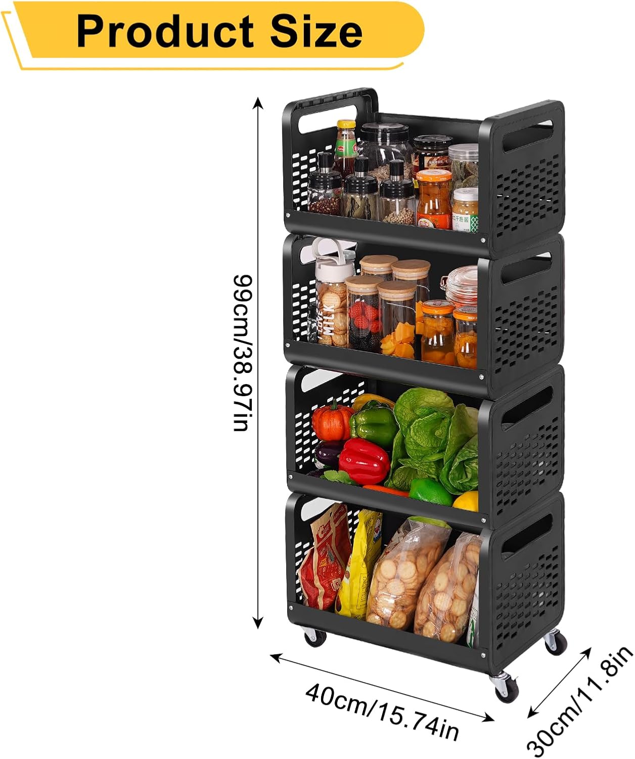 Snack Cart with Wheels for Kitchen Organizer and Storage, 4 Tier Rolling Utility Cart Snack Bar Station Cabinet, Produce Fruit Vegetable Candy Storage Rack Stand for Kitchen Pantry Bedroom