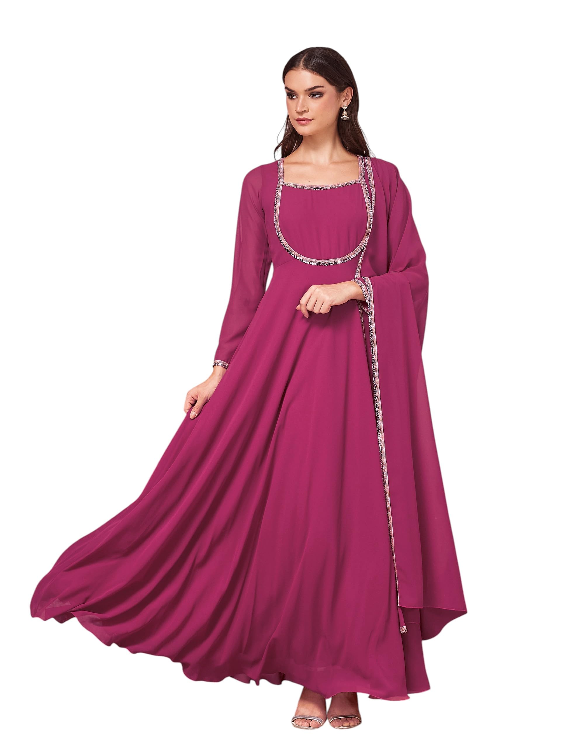 Women's Square Neck Full Sleeve Fit and Flare Maxi Georgette Ethnic Dress-image-41