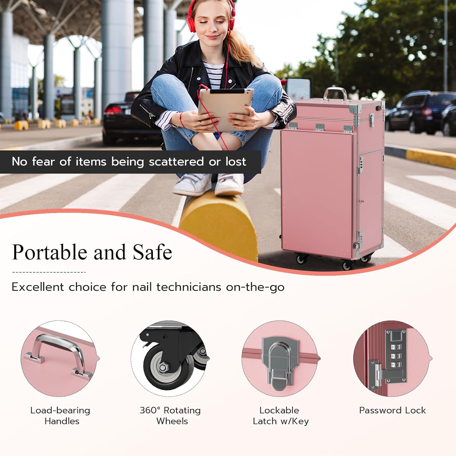 Icoget Portable Rolling Manicure Table for Nail Teach, Foldable Traveling Nail Desk w/Storage, Mobile Manicure Table w/Audio and Mirror, Makeup Train Case Cosmetic Trolley, Pink