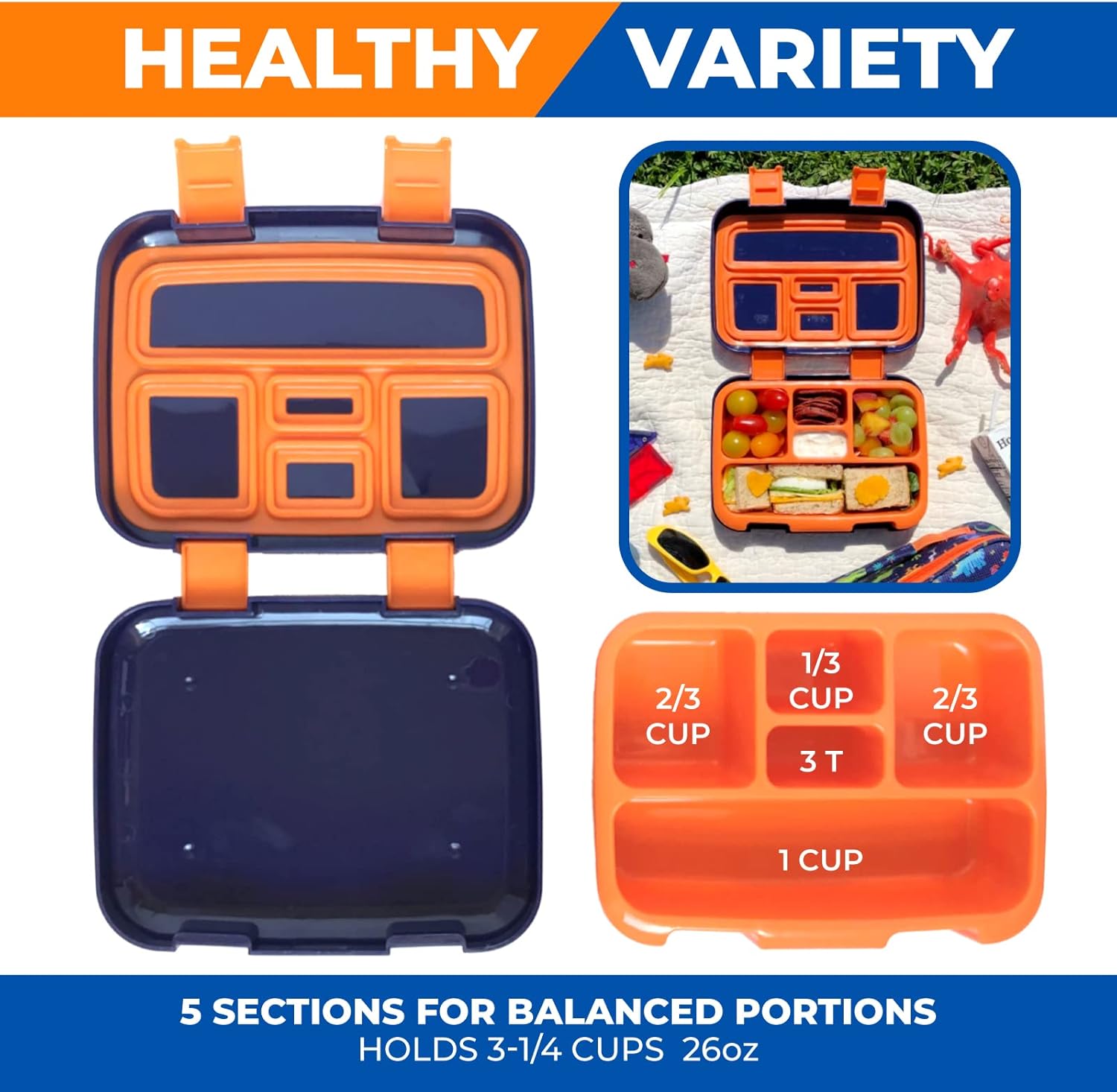 Dinosaur Bento Lunch Box for Boys Toddlers, 5 Portion Sections Secure Lid, Microwave Safe BPA Free Removable Plastic Tray, Pre-School Kid Daycare Lunches Snack Container Ages 3 to 7 Blue Orange - Image 5