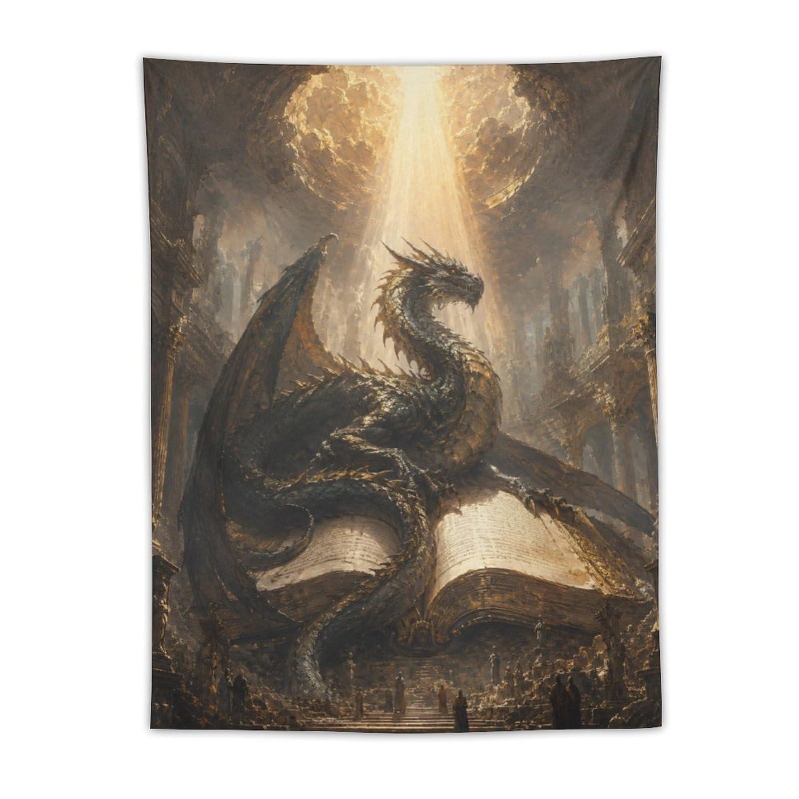 W7C8U2X3 Dragon Rising from Open Book Wall Tapestry, Reading Corner