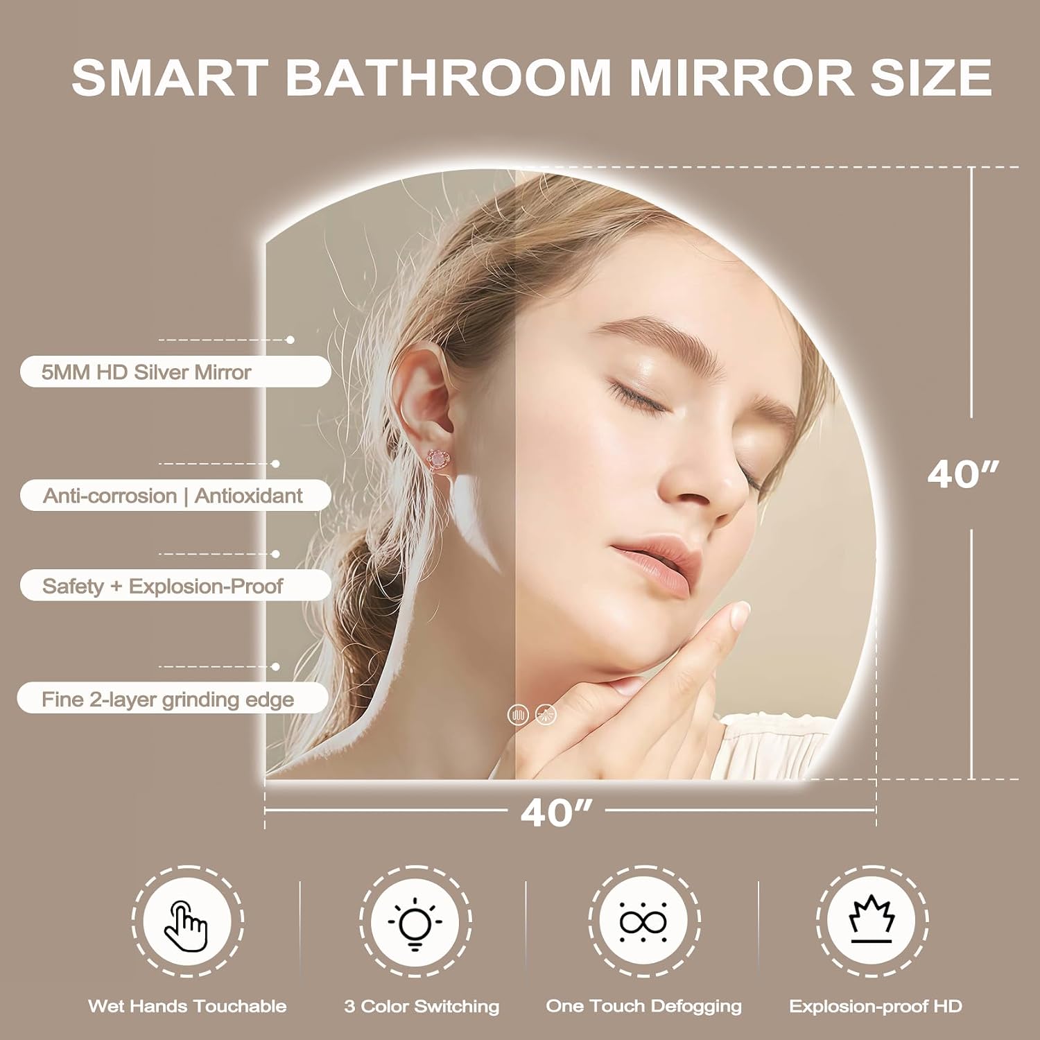 LED Bathroom Mirror with Lights, 40x40inch Smart Asymmetrical Mirror Bathroom with Anti-Fog, Wall-Mounted Backlit Vanity Mirrors, 3-Color, Dimmable, Shatterproof