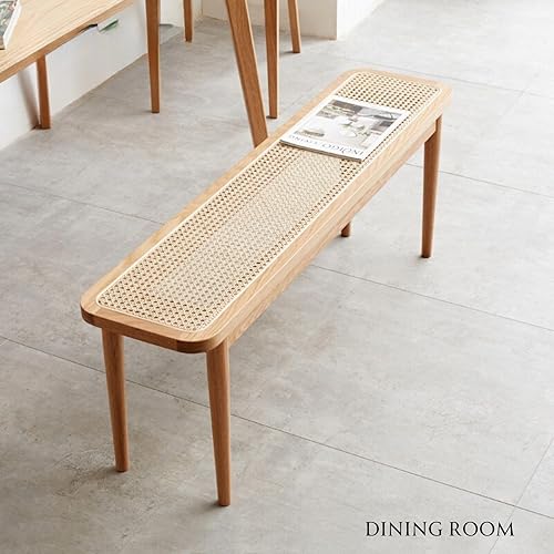 Miniatura 2 de Banco de comedor de ratán natural de 47.2 pulgadas con marco de banco de madera de roble 100% macizo, otomana para cocina, dormitorio, entrada,