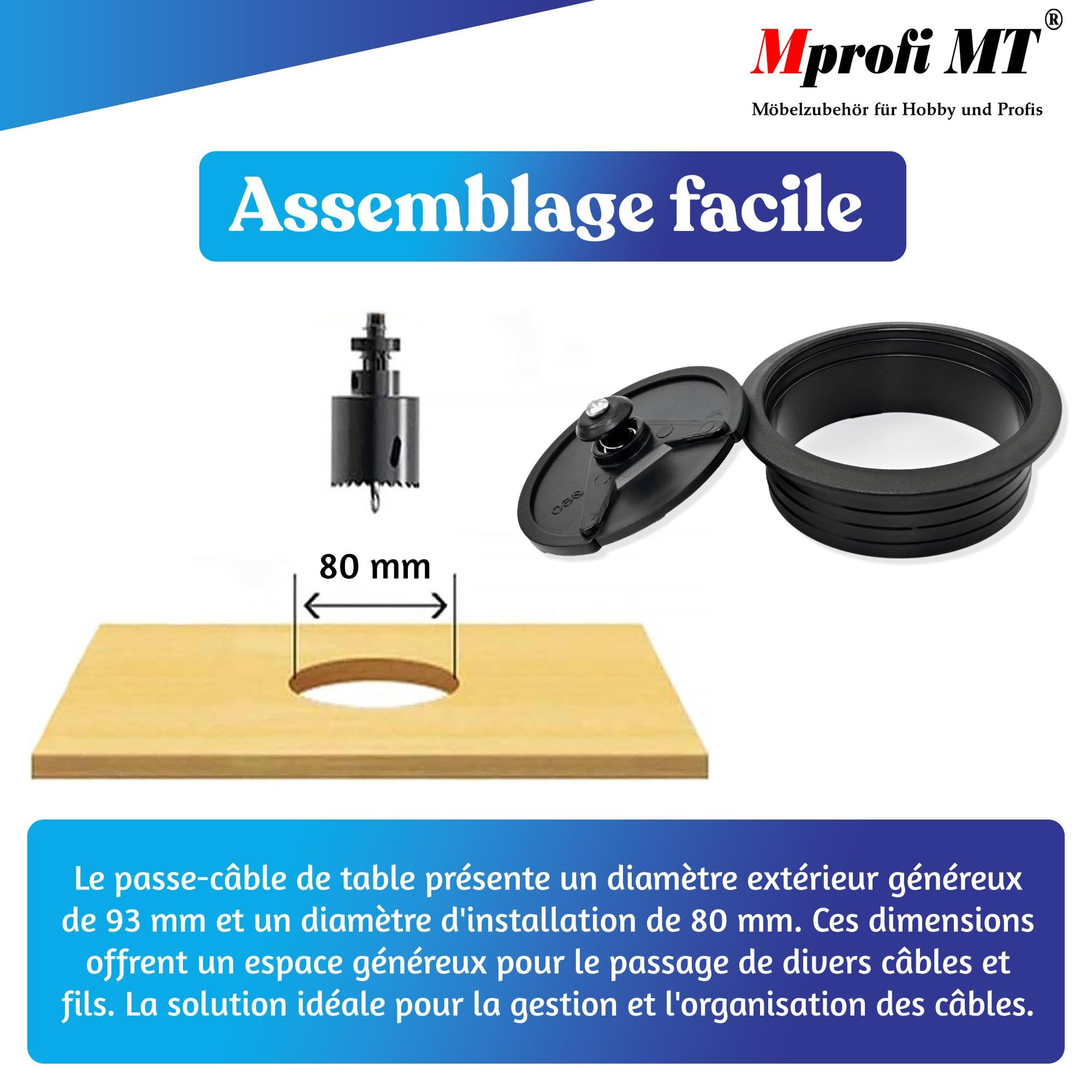Mprofi MT® 10 Pièces | Passe Cable Bureau Noir Ø 80mm | Passages de Passe Fil Bureau en Plastique | Cable Management PC Gamer | Organisateur de Gestion des Câbles pour la Maison