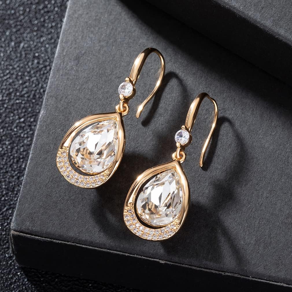 Austrian Crystal Halo Teardrop Hollow Drop Dangle Earrings for Women 14K Rose Gold Plated Hypoallergenic Jewelry Gifts - Image 8