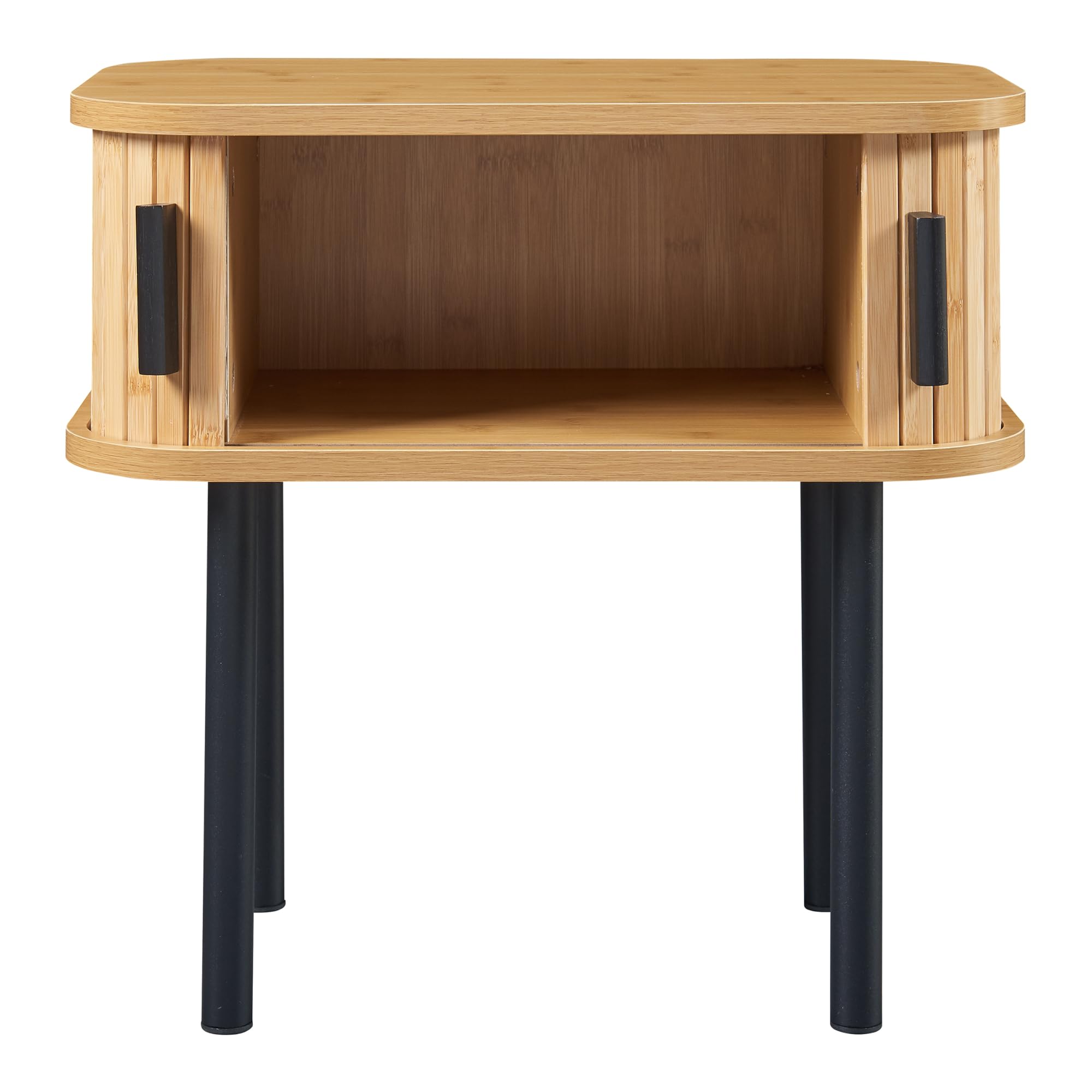 En.casa Table D'Appoint Scandinave 48x30x45 Cm - 2 Portes Coulissantes Rangement - Bambou MDF Métal Naturel Noir
