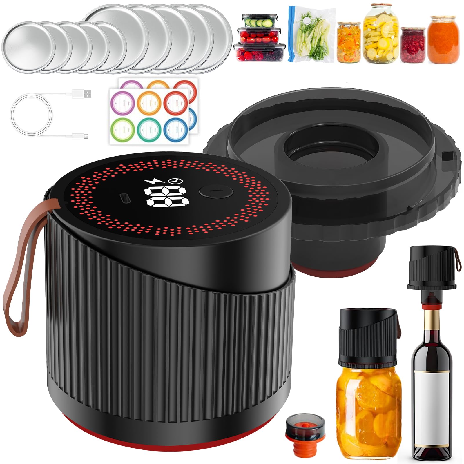 Electric Mason Jar Vacuum Sealer, 4 in 1 Vacuum Sealer Kit - Automatic Stop for Wide-Mouth Regular-Mouth Mason Jars, Jar Sealer for Food Storage Bags, Wine Bottles and Fermentation, Black
